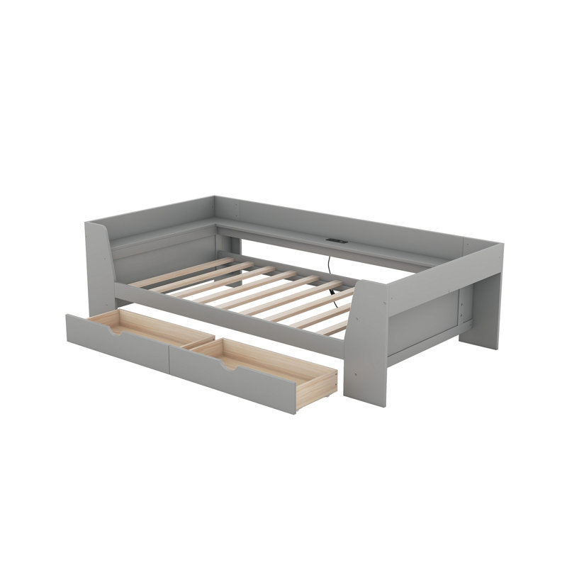 Lit de jour simple avec tablettes, tiroirs et station de charge intégrée, gris