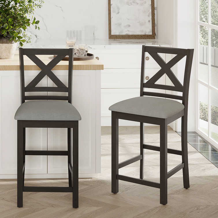 Fabiola 25'' X-Back Solid Wood Fabric Upholstered Bar & Counter Stool with Footrest