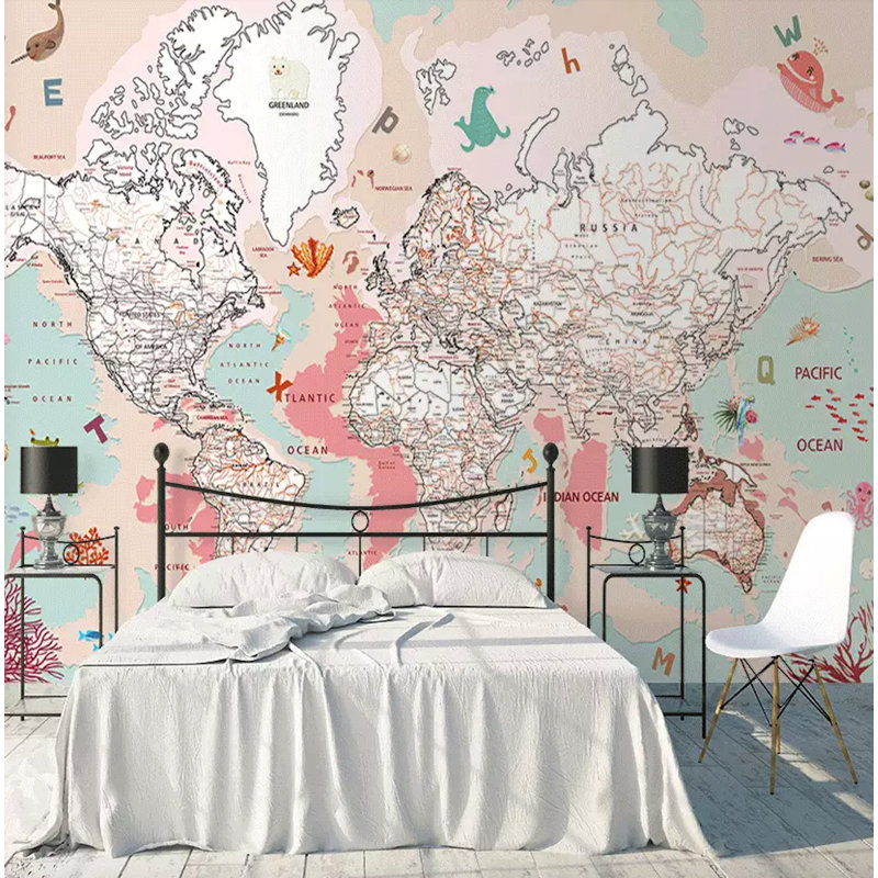 Murale rose pour enfants carte murale animaux Quercia, L 35 po x l 55 po
