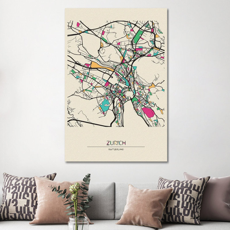 Zurich, Switzerland Map by Ayse Deniz Akerman - Wrapped Canvas Gallery-Wrapped Canvas Giclée, 152.5 cm H x 101.5 cm W