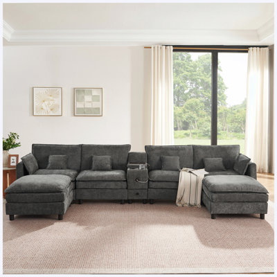 Modular L-Shaped Sectional Sofa with Reversible Chaise, USB Port, Storage Drawer, Flip-Top Cup Holder Console, Arm Pockets & Detachable Cushions, Dark