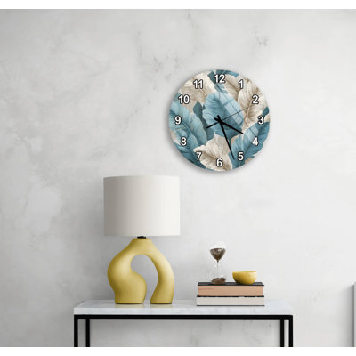 Tropical Blue Banana Leaf Tempered Glass Wall Clock, Botanical Navy Beige Home Decor, Large Silent Modern Timepiece, Unique Housewarming Gift