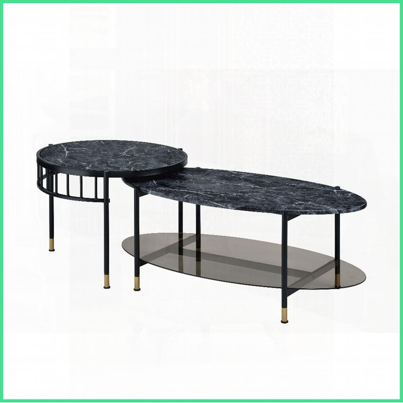 Table basse gigogne 2 pièces noire avec dessus en grain de marbre et amp; Tablette inférieure fonctionnelle
