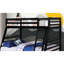 Lit superposé simple au-dessus d'un lit double en bois massif avec finition noire, style transitionnel, deux tiroirs, couleur des rails attachés et sécuritaires, caractéristiques,