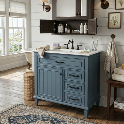 30-Inch Modern Bathroom Storage Vanity With Sink, Solid Wood Frame Cabinet With Zinc Alloy Hardware And Flip Storage Drawer, 2 Colors