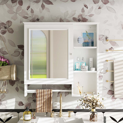 Armoire de rangement de salle de bain murale 28,85 po, armoires à pharmacie avec grande porte miroir, tablettes réglables et trois niveaux de rangement ouverts