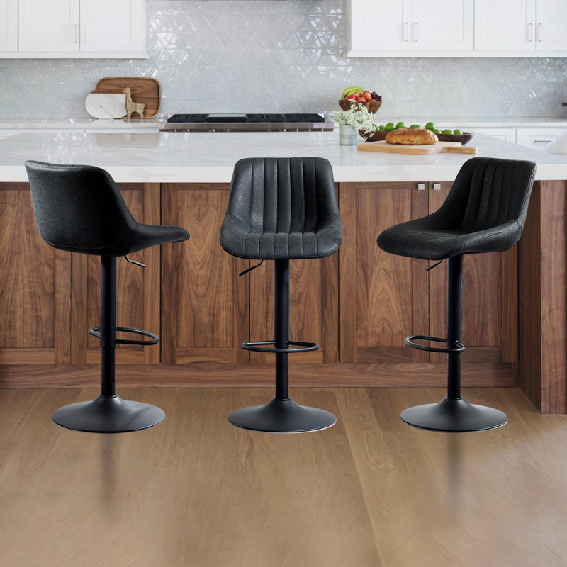  Ensemble de 3 tabourets pivotants à hauteur réglable avec dossier, Siège noir / cadre noir, 3