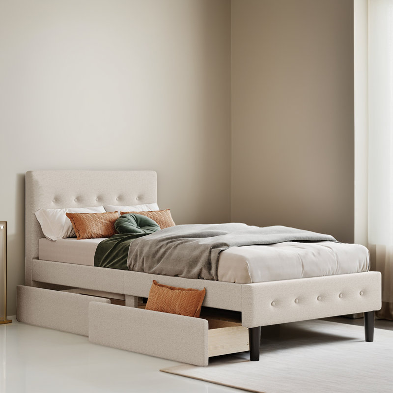 Twin Size Upholstered Platform Bed Frame with 2 Drawers, Beige