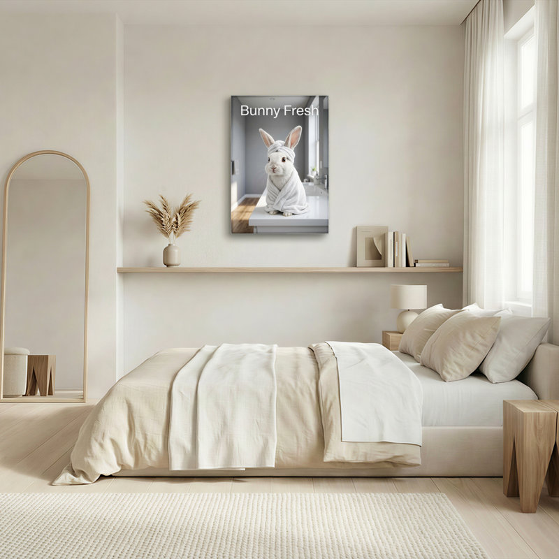 Ensemble de 1 tableau mural en toile tendue représentant un lapin blanc frais enveloppé dans une serviette, H 36 po x l 24 po