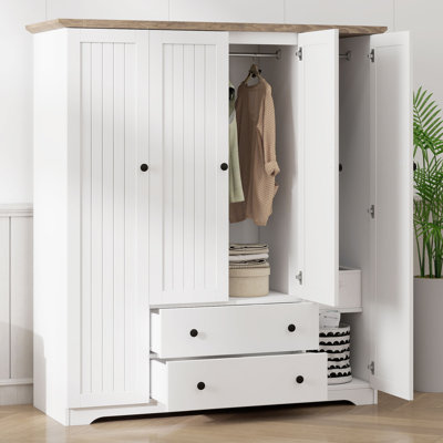  Armoire penderie 4 portes avec 2 tiroirs et rail suspendu, finition blanche