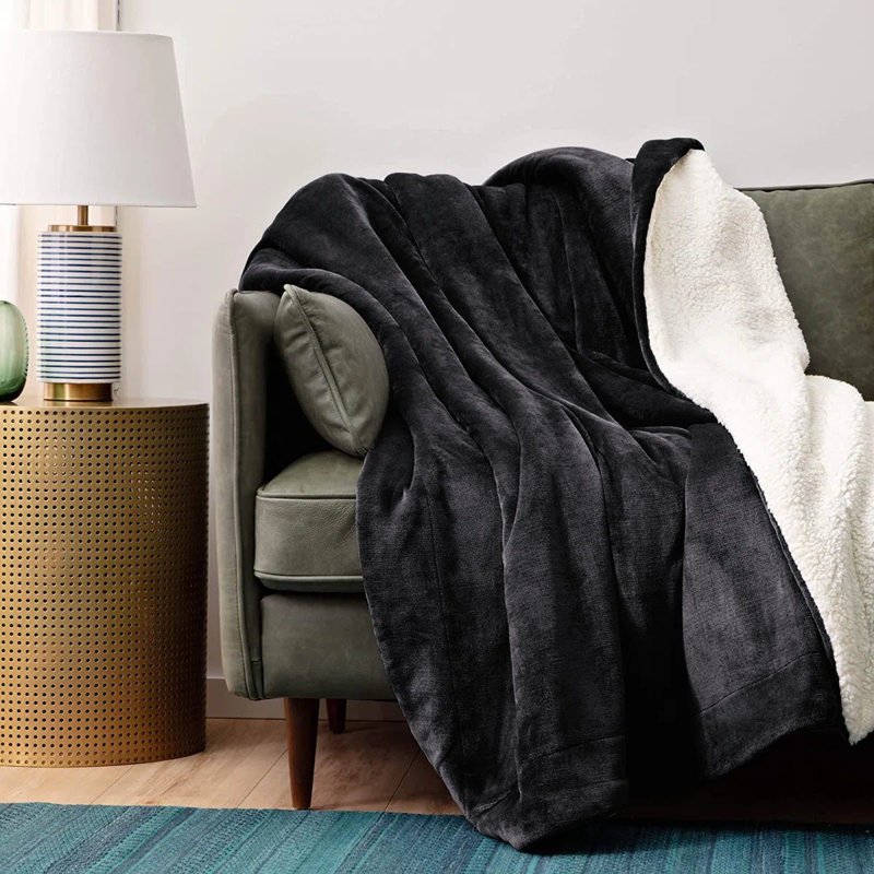 Super Soft Sherpa Fleece Fur Thick Dual Sided Flannel Reversible Blanket Throw, Black, Super King 230cm x 270cm