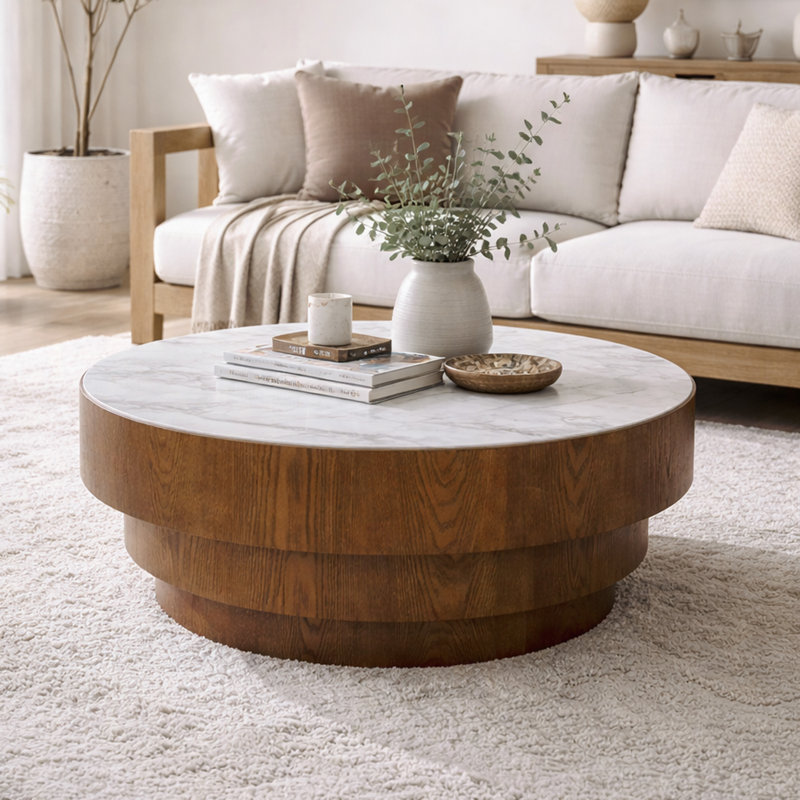 Table basse ronde avec plateau en pierre frittée - Panneau de fibres à densité moyenne avec placage en bois, table basse moderne à profil bas pour le salon