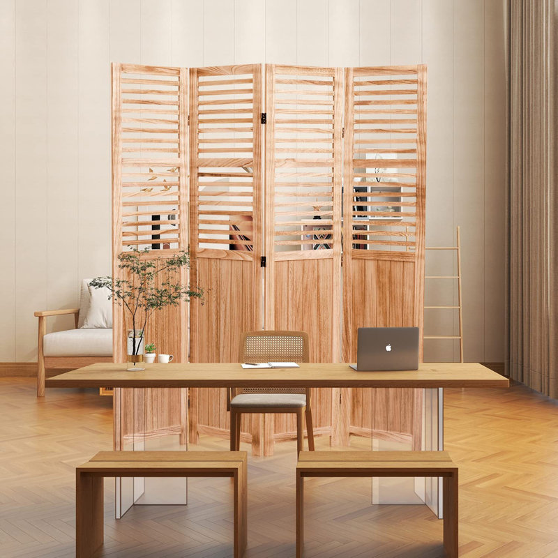 Cloison pliante en bois massif l 55,2 po x H 65 po, 4 panneaux, naturel
