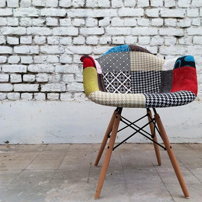 Hewlett Upholstered Fabric Patchwork Multi Color Eiffel Wood Wooden Leg Dining Arm Chair Kitchen Bedroom