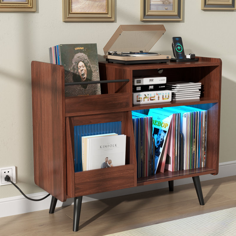 Large Record Player Stand, 350 Vinyl Record Storage Holder with Power Outlet and LED Light