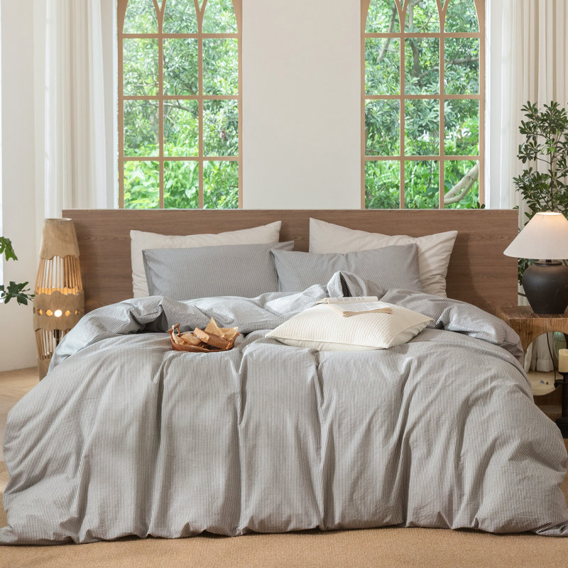 MooMee Striped Duvet Cover Set 100% Washed Cotton Linen Like Textured, Oversized King Duvet Cover + 2 King Pillowcases