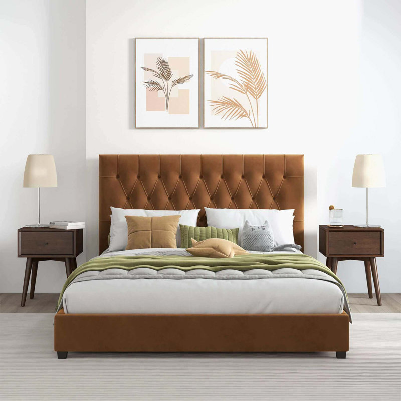 Lit plateforme en velours moderne Mid Century, Grand, Cognac