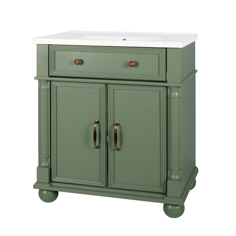 Meuble-lavabo 28 po avec lavabo en céramique, portes à fermeture douce et tablettes réglables, Vert