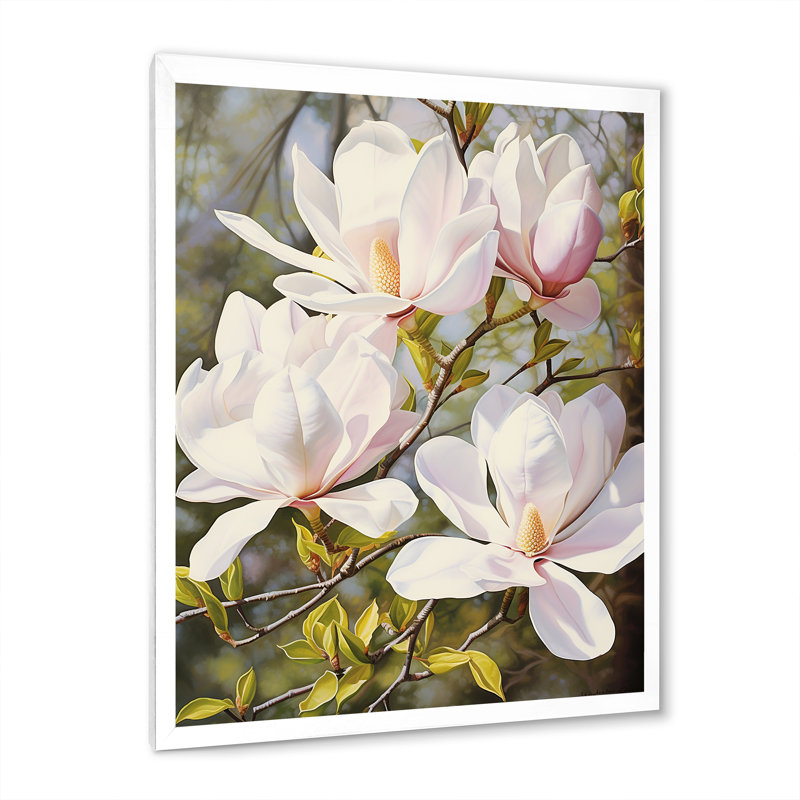 Blanc et rose magnolia tranquillité - impression, H 32 po x l 16 po x P 1 po, Cadre photo blanc