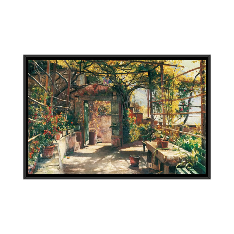 «In The Pergola» par Peder Monsted, impression sur toile, H 32 po x l 48 po x P 1,5 po, Toile avec cadre noir, Pas de tapis