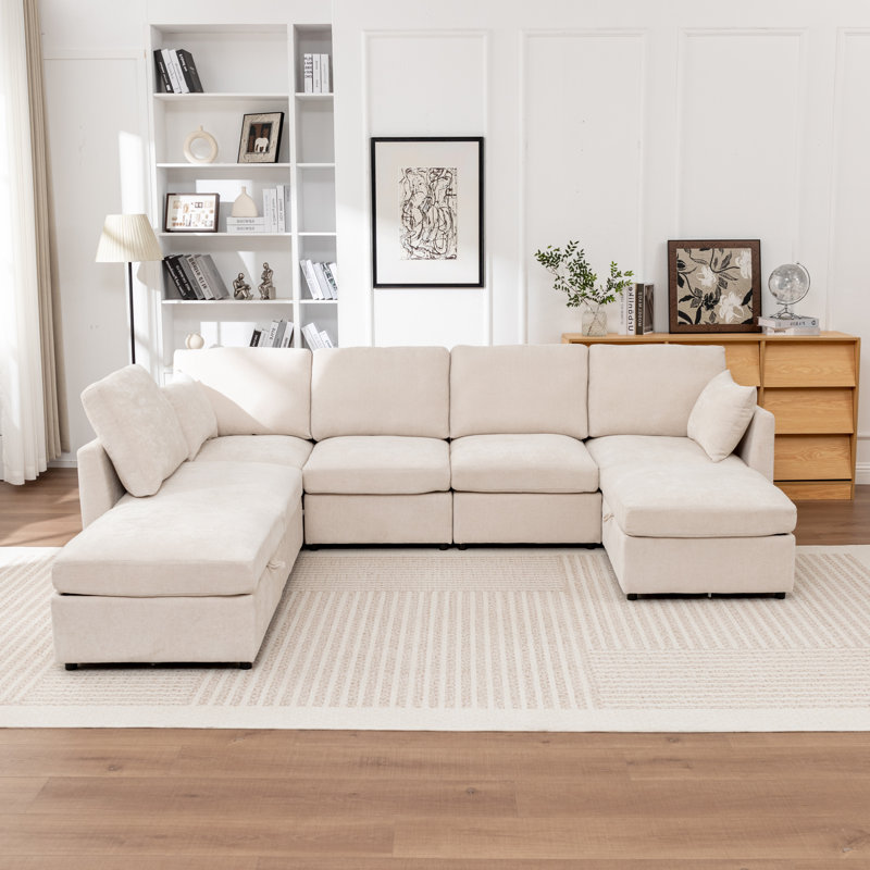 Miller X - Piece Upholstered U-Shaped Sectional Sofa With Two Storage Ottomans, 33" H x 112" W x 80" D, Beige