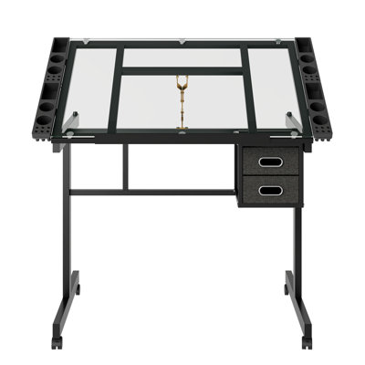Adjustable Art Drawing Desk Craft Station Drafting With 2 Fabric Drawers And 4 Wheels (Black)