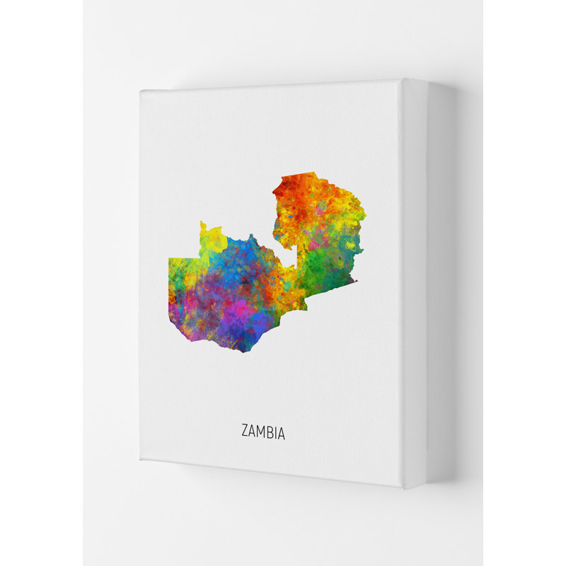 Zambia Watercolour Map by Michael Tompsett - Print, 84cm H x 59.4cm W x 4cm D, Wrapped Canvas