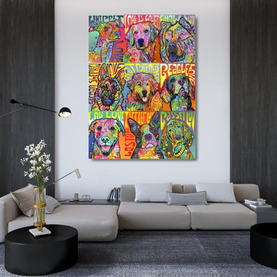 Hokku Designs Dean Russo Collection Gallery Wrapped Canvas Art Titled: Nine Up of Dogs