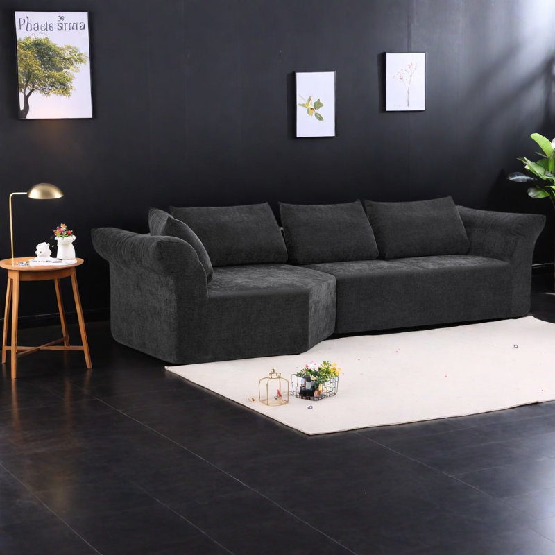 Canapé d'angle modulaire moderne, larges accoudoirs, mousse, noir pour salon