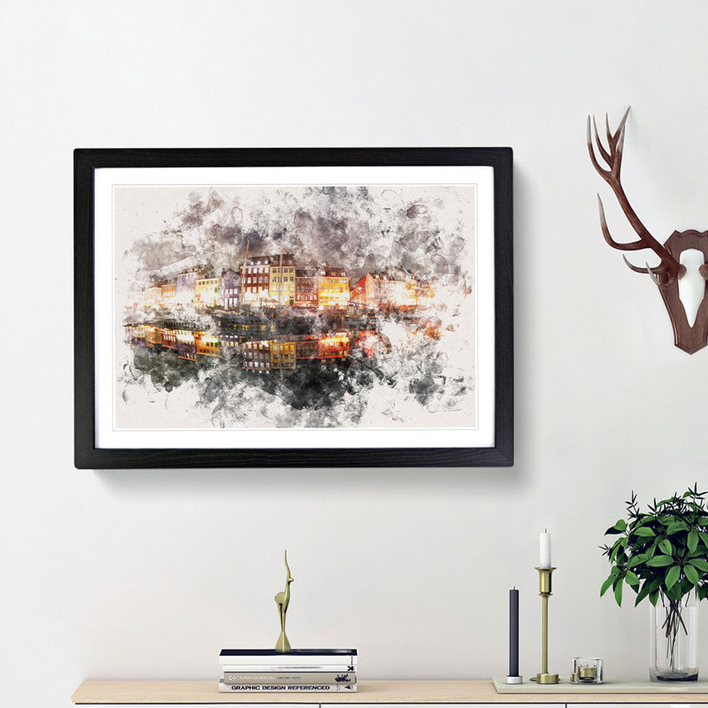 Nyhavn Canal in Denmark - Picture Frame Graphic Art Print, 45cm H x 63cm W x 2cm D, Black Framed