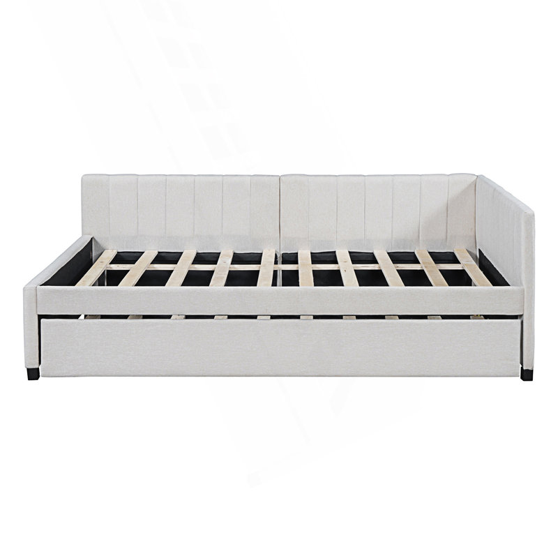 Full Size Upholstered Daybed With Trundle, Sofa Bed Frame, Day Bed, Beige