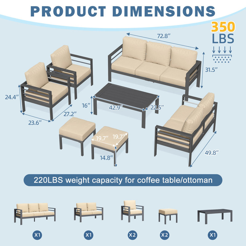Charlsa 9 - Person Patio Conversation Set with Cushions, Beige Cushion/Black Frame