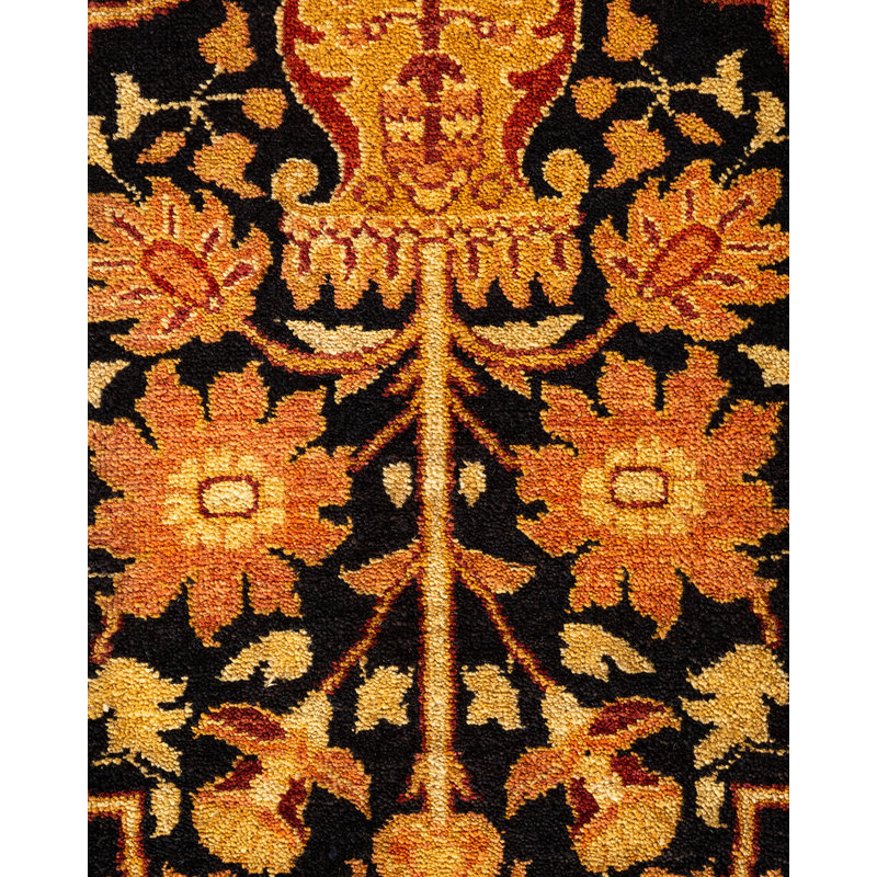 Tapis noir / brun en laine noué à la main de conception unique 8 pi 10 po x 11 pi 10 po New Age