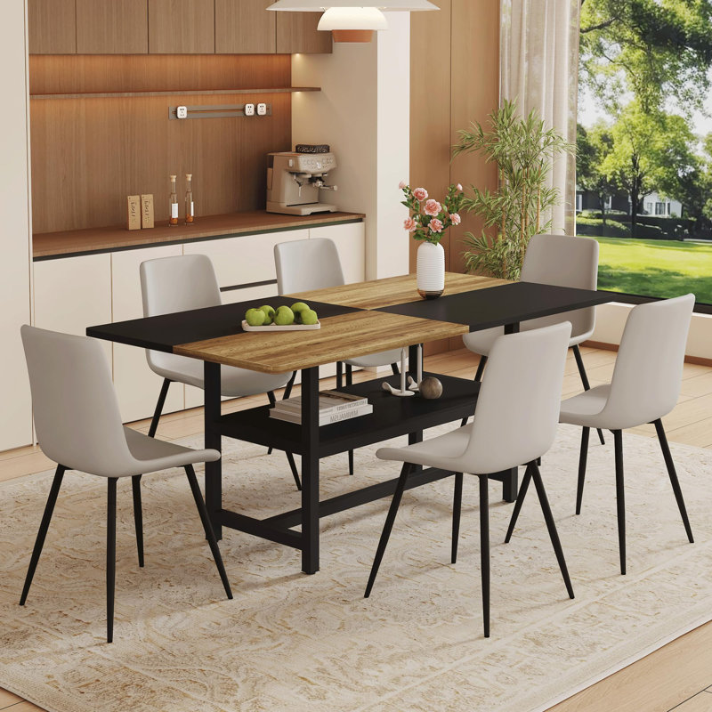 Ensemble de table de salle à manger rectangulaire pour 6 personnes, ensemble de table de salle à manger de style campagnard de 71 po avec 6 chaises rembourrées et tablette de rangement, plateau de table en bois avec structure en métal, fendu noir / bois