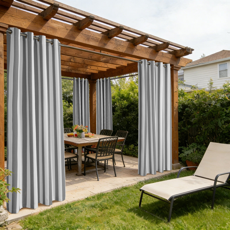 Waterproof Blackout Striped Grommet Outdoor Curtains For Patio, Porch & Pergola, 52" W x 84" L, Ash Gray