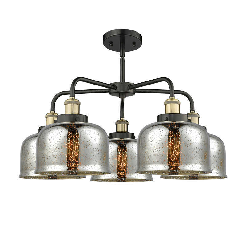 Lustre en verre à 5 lumières Bell, Argent mercuré plaqué, Laiton antique noir