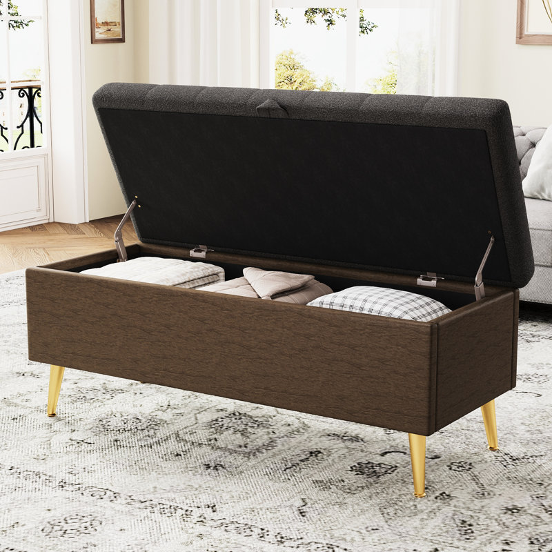 Modern Grey Multi - Functional Bench With Gold Metal Legs And Design For Entryway American Style Easy Lift Lid Frame Living Room