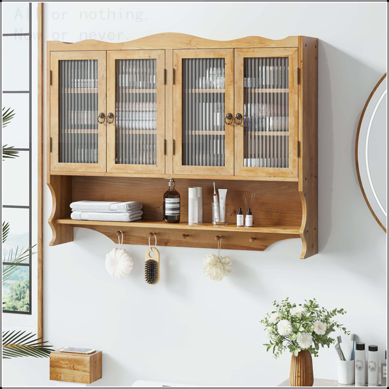 39.37'' Retro 4-Door Wall Mounted Cabinet with Open Hook Rack, Natural