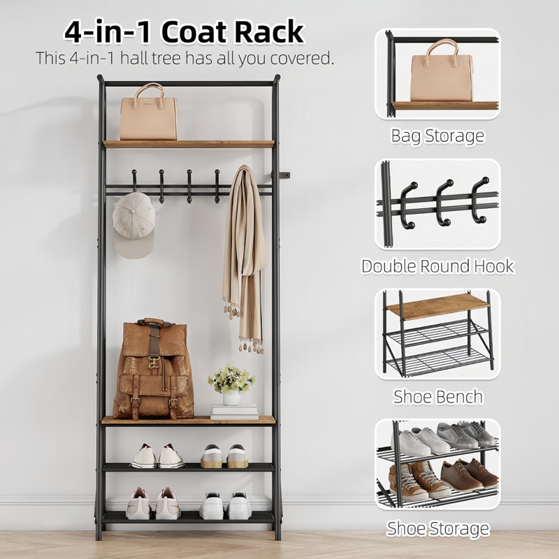 Multifunctional Coat Rack Shoe Bench with 5 Hooks - Ideal Hall Tree for Entryway Storage and Bedroom Organization