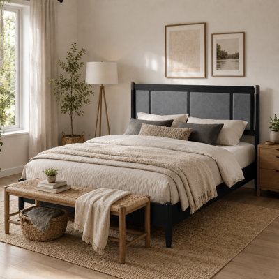80.9-Inch Solid Wood Bed (King Size) – 600 lb Weight Capacity, Mattress-Ready Platform Base; Black Upholstered Headboard with Metal Accents