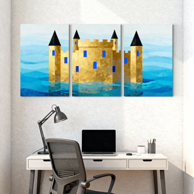 Château doré avec fenêtres bleues et tours noires, ensemble de 3 impressions sur toile