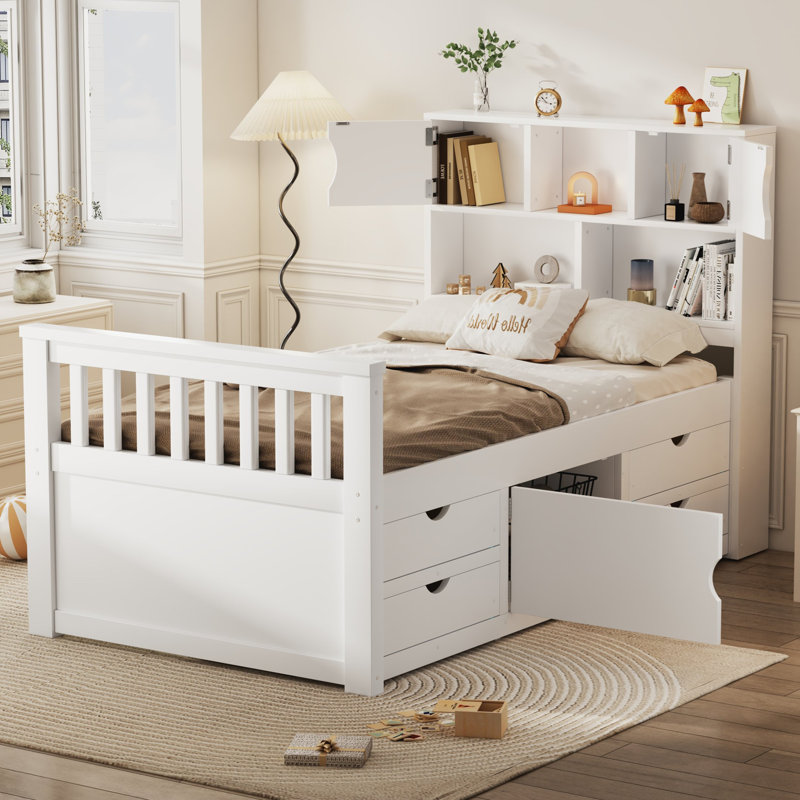 Lit plateforme simple blanc avec rangement et 4 tiroirs, Blanc