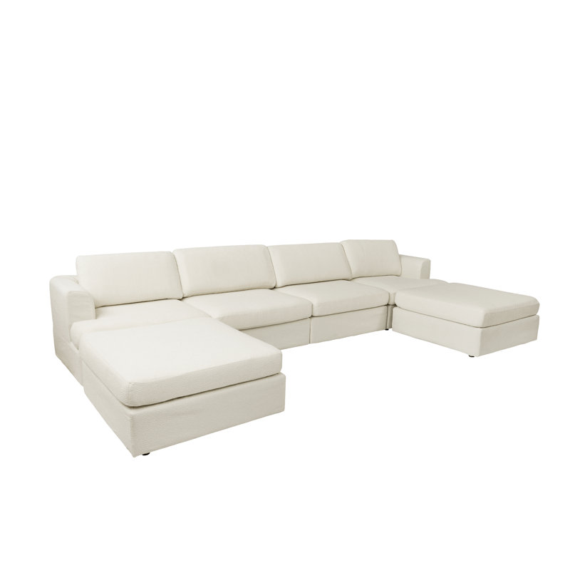 6-piece U-shaped Upholstered Boucle Sectional Sofa, White Fabric/Boucle, 26.77" H x 157.48" W x 78.74" D