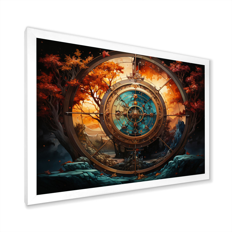 Roue sarcelle, art bouddhiste orange, art mural sur toile spirituel, H 12 po x l 20 po x P 1 po, Cadre simple blanc
