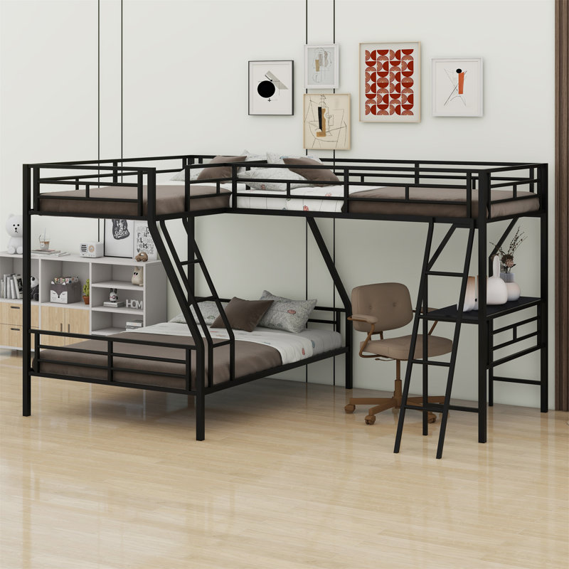Lit superposé en métal avec lit mezzanine attaché et bureau
