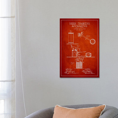 Beer Drawing Red Patent Blueprint 1 Piece Wall Art on Canvas
