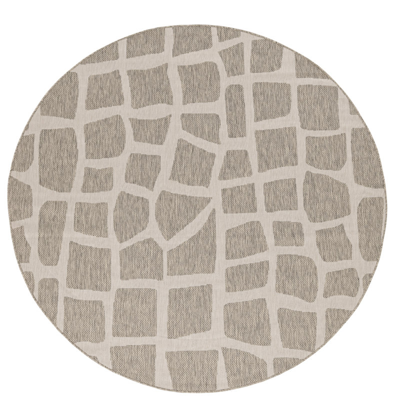 Abstract Indoor / Outdoor Rug, Round 7'10", Ivory/Gray
