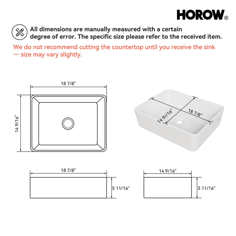 19" White Vitreous China Rectangular Vessel Bathroom Sink