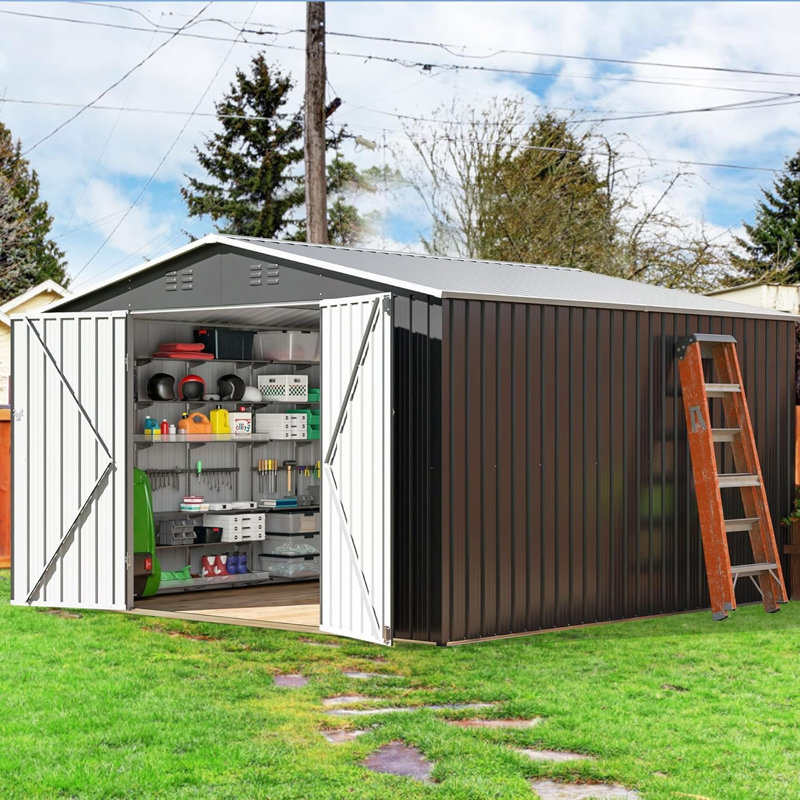 VIWAT 10 ft. W x 10 ft. D Galvanized Steel Outdoor Storage Shed, 10x10 FT, No