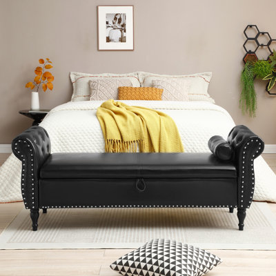 63" PU Upholstered End Of Bed Bench Flip Top Entryway Ottoman With Safety Hinge Storage Rectangular Sofa Stool Buttons Tufted Nailhead Trimmed Solid Wood Legs With 1 Pillow,Black